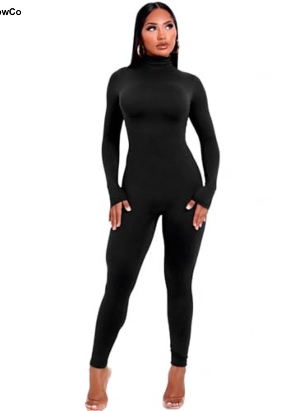 Women's Long Sleeve High Neck Bodycon Jumpsuit Zip Back Stretch One Piece